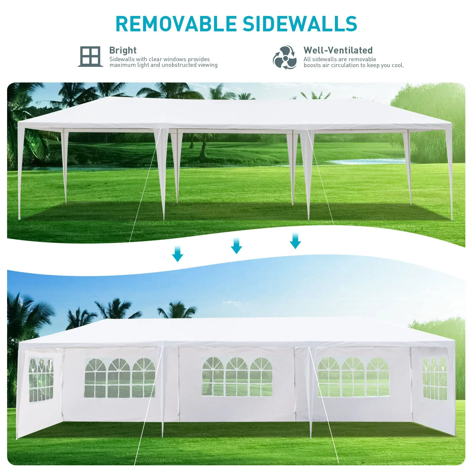 10x30 Party Tent, Outdoor White Tents for Parties, Wedding, Birthday, Large Canopy Tent with 5 Removable Sidewalls, Outside Big Event Tent for Backyard, Garden