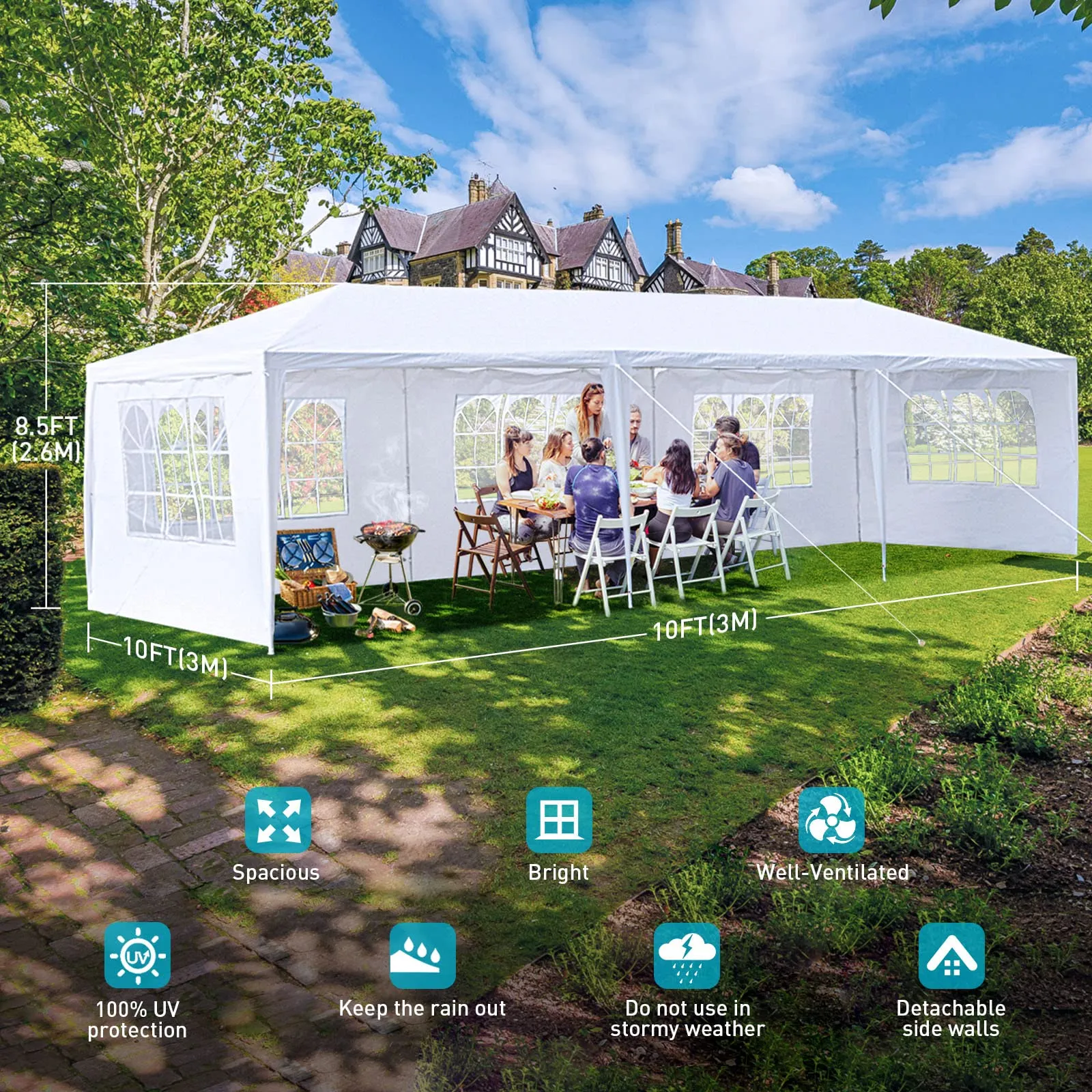 10x30 Party Tent, Outdoor White Tents for Parties, Wedding, Birthday, Large Canopy Tent with 5 Removable Sidewalls, Outside Big Event Tent for Backyard, Garden