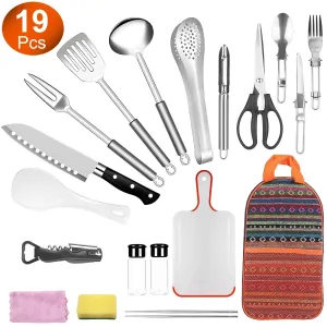 19Pcs Camping Cooking Utensil Kit Portable Outdoor Cookware Set Orange