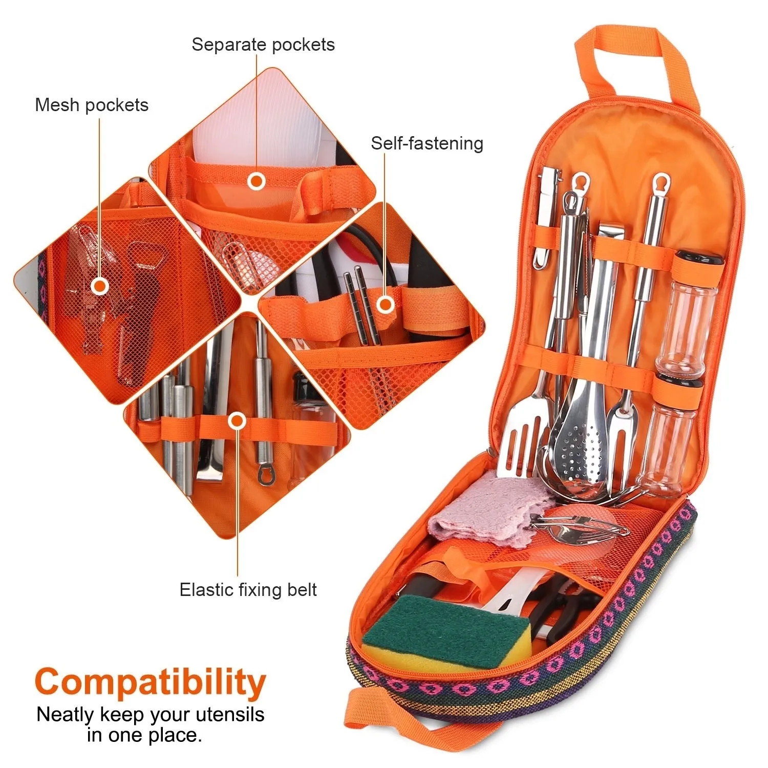 19Pcs Camping Cooking Utensil Kit Portable Outdoor Cookware Set Orange