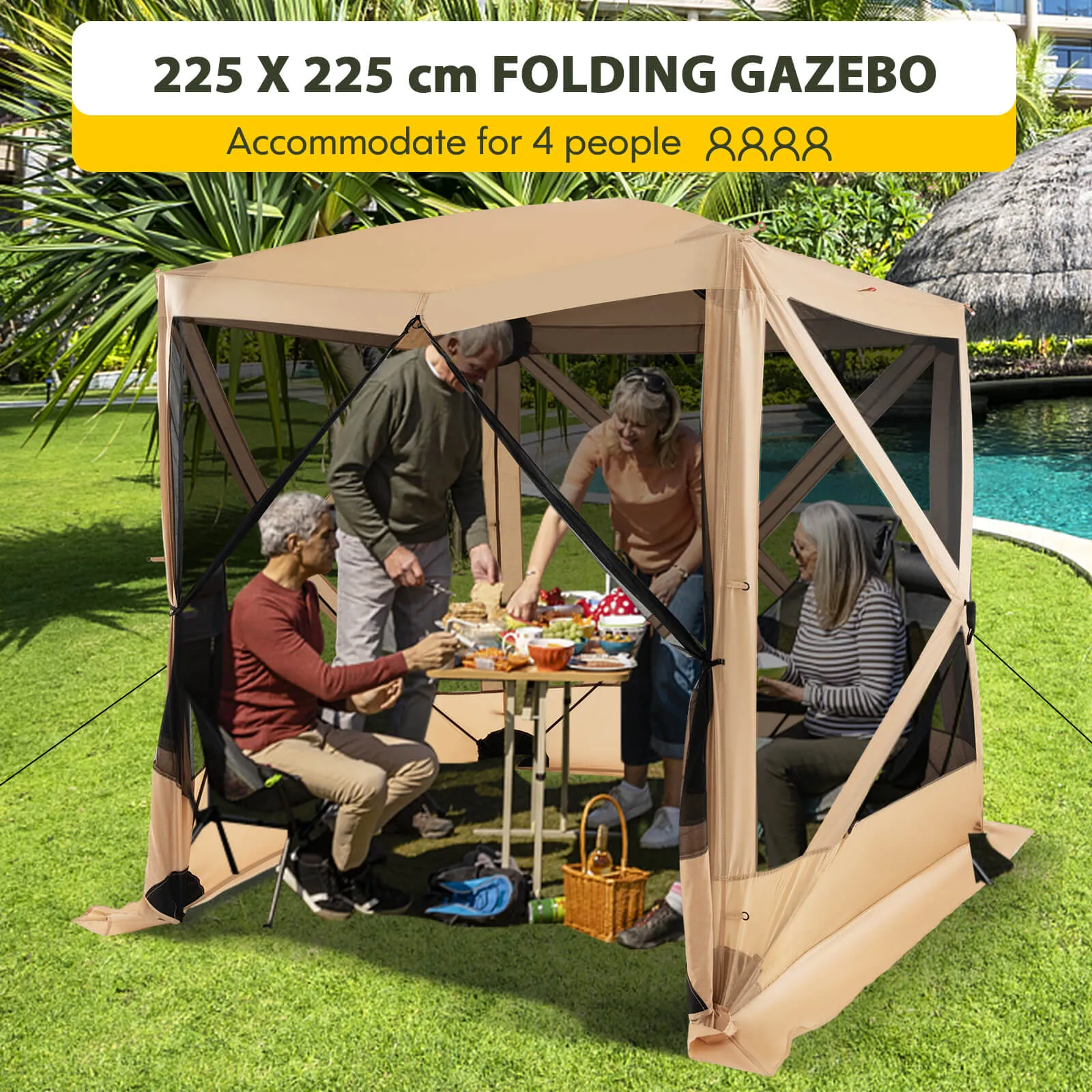 225 cm x 225 cm 4-Panel Pop up Camping Gazebo with Sunshade Cloths-Brown