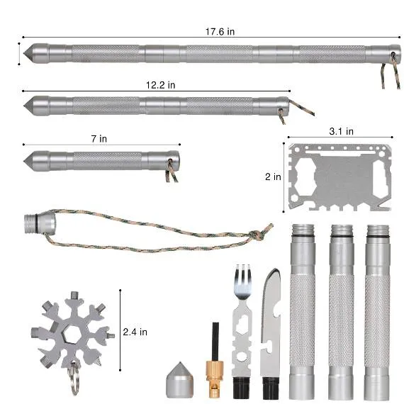 EDC Tactical Multitool Survival Gear Gift Set – Survival Stick, Glass Breaker, Flint Fire Starter, Camping Utensils, Compass, Whistle, Paracord, Hiking, Fishing, Backpacking, Automobile