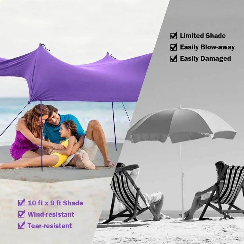 GrandShoppersHub  10 FT x 9 FT Family Beach Tent Canopy Outdoor Sunshade with 4 Poles Sandbag Anchors