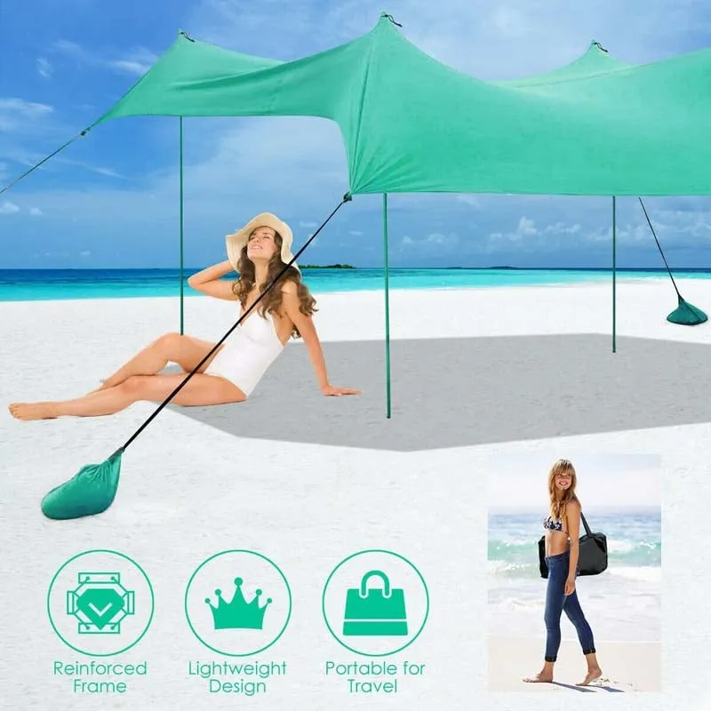 GrandShoppersHub  10 FT x 9 FT Family Beach Tent Canopy Outdoor Sunshade with 4 Poles Sandbag Anchors