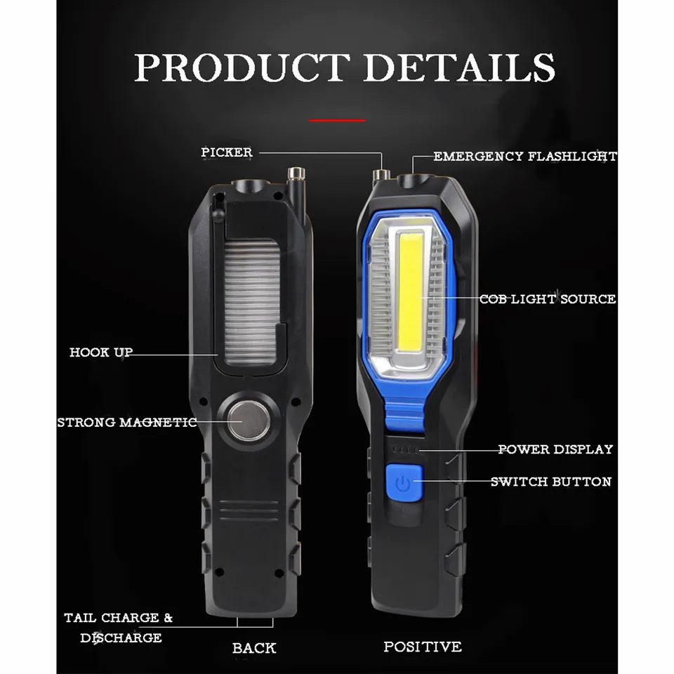 LED Working Light Rechargeable COB Magnetic Flashlight with 4 Modes Bright Lamp