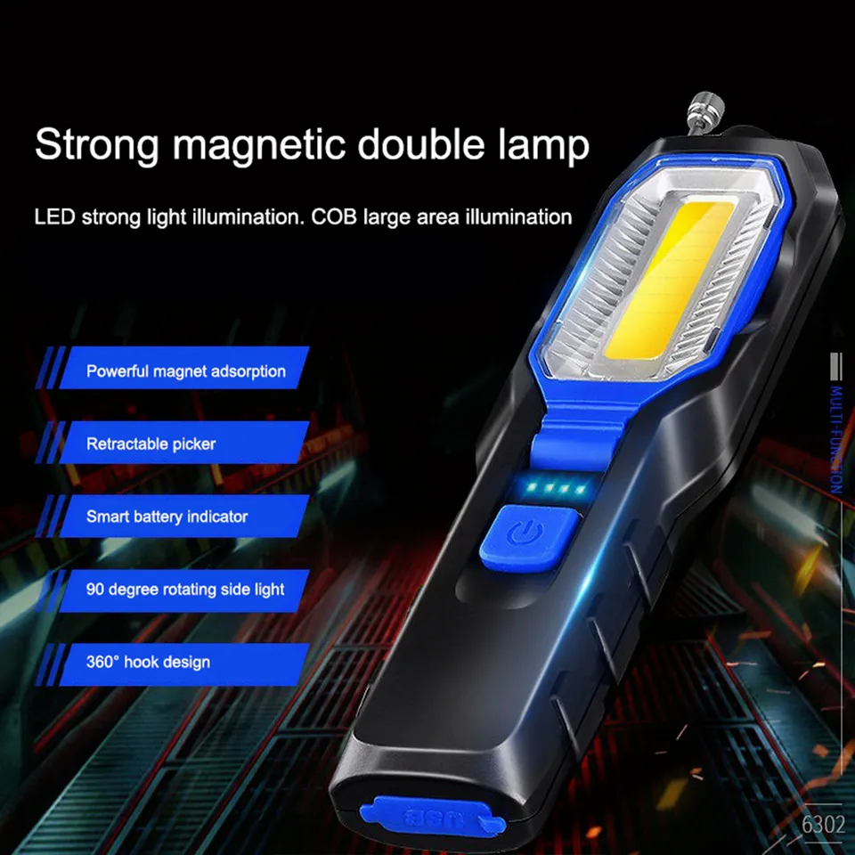 LED Working Light Rechargeable COB Magnetic Flashlight with 4 Modes Bright Lamp