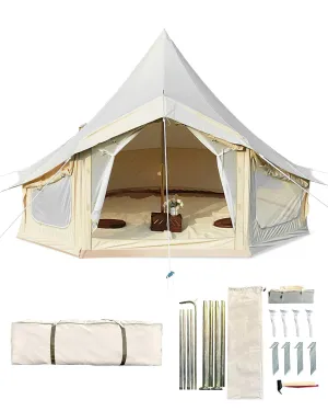 modern 2024 New Canvas Bell Tent, 4 Seasons Yurt Tent with 2 Stove Jack, 4 Mesh Zippers Windows, Breathable Waterproof Tent Suitable for 4-12 People, Family Camping Outdoor Party