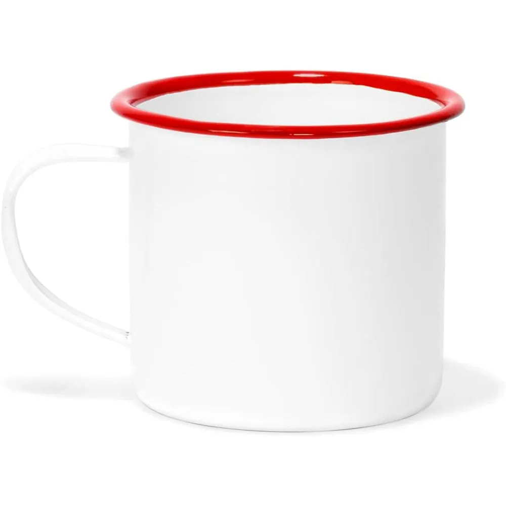 Red Co. Set of 6 Enamelware Metal Small Classic 5 Oz Round Coffee and Tea Mug with Handle, Solid White/Colored Rim