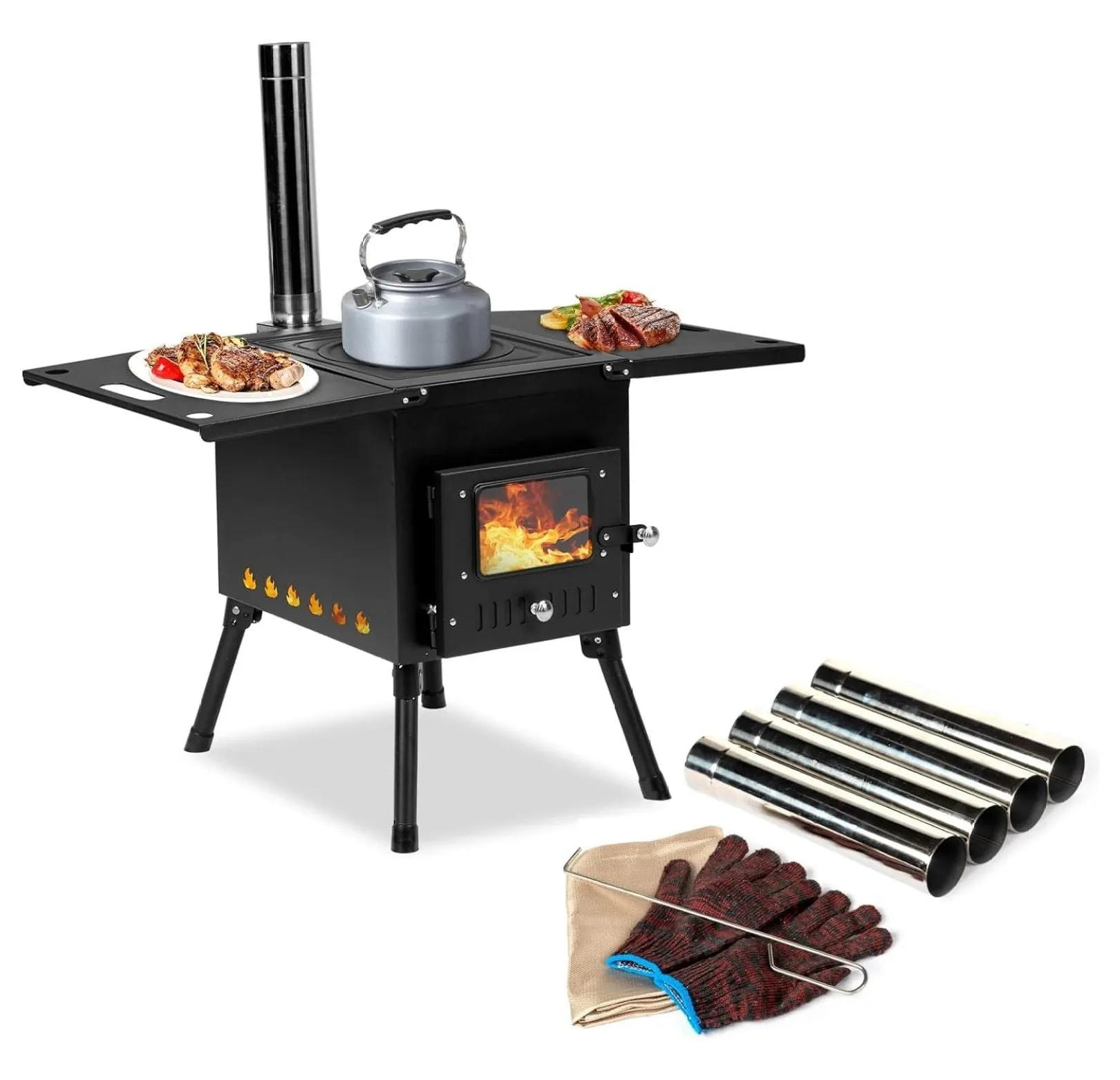 timeless Camping Wood Stove, Outdoor Portable Tent Wood Burning Stove with Stainless Chimney Pipes, Tent Stove Jack & Gloves for Outdoor Camping Cooking and Heating 3-4 People Use(Black)