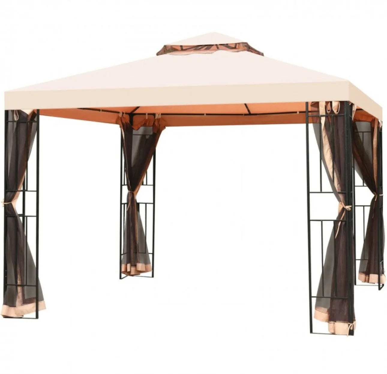 Very Elegant 10x10ft 2-Tier Vented Metal Gazebo Canopy With Mosquito Netting For Patio | Heavy Duty | Dual Roof