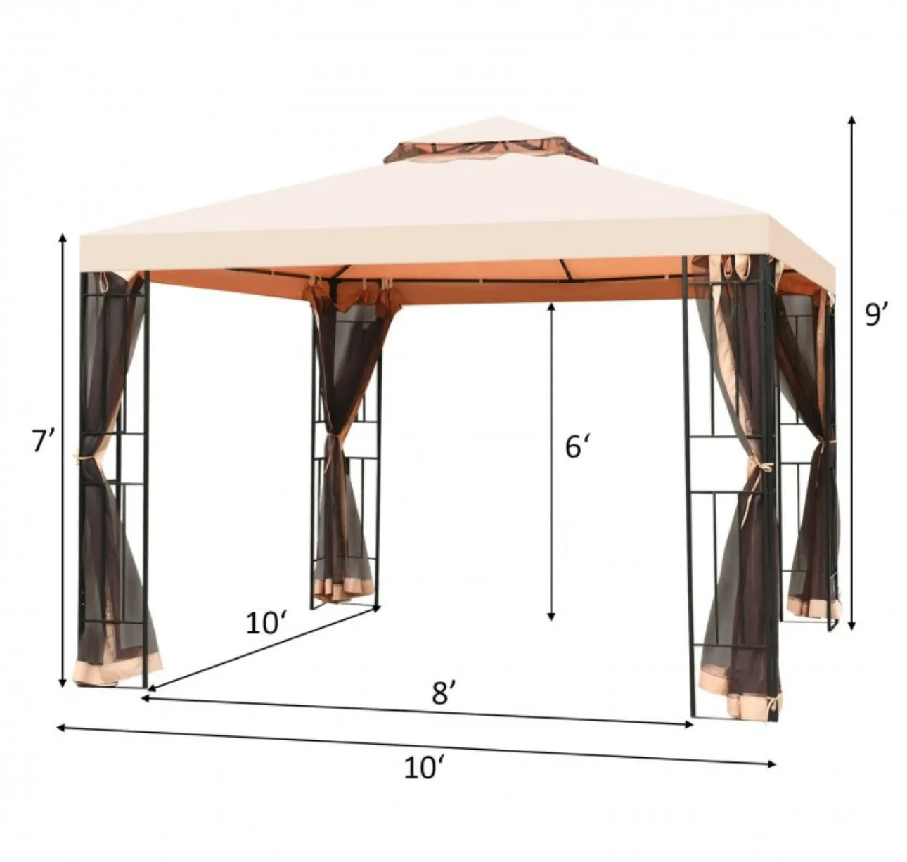 Very Elegant 10x10ft 2-Tier Vented Metal Gazebo Canopy With Mosquito Netting For Patio | Heavy Duty | Dual Roof