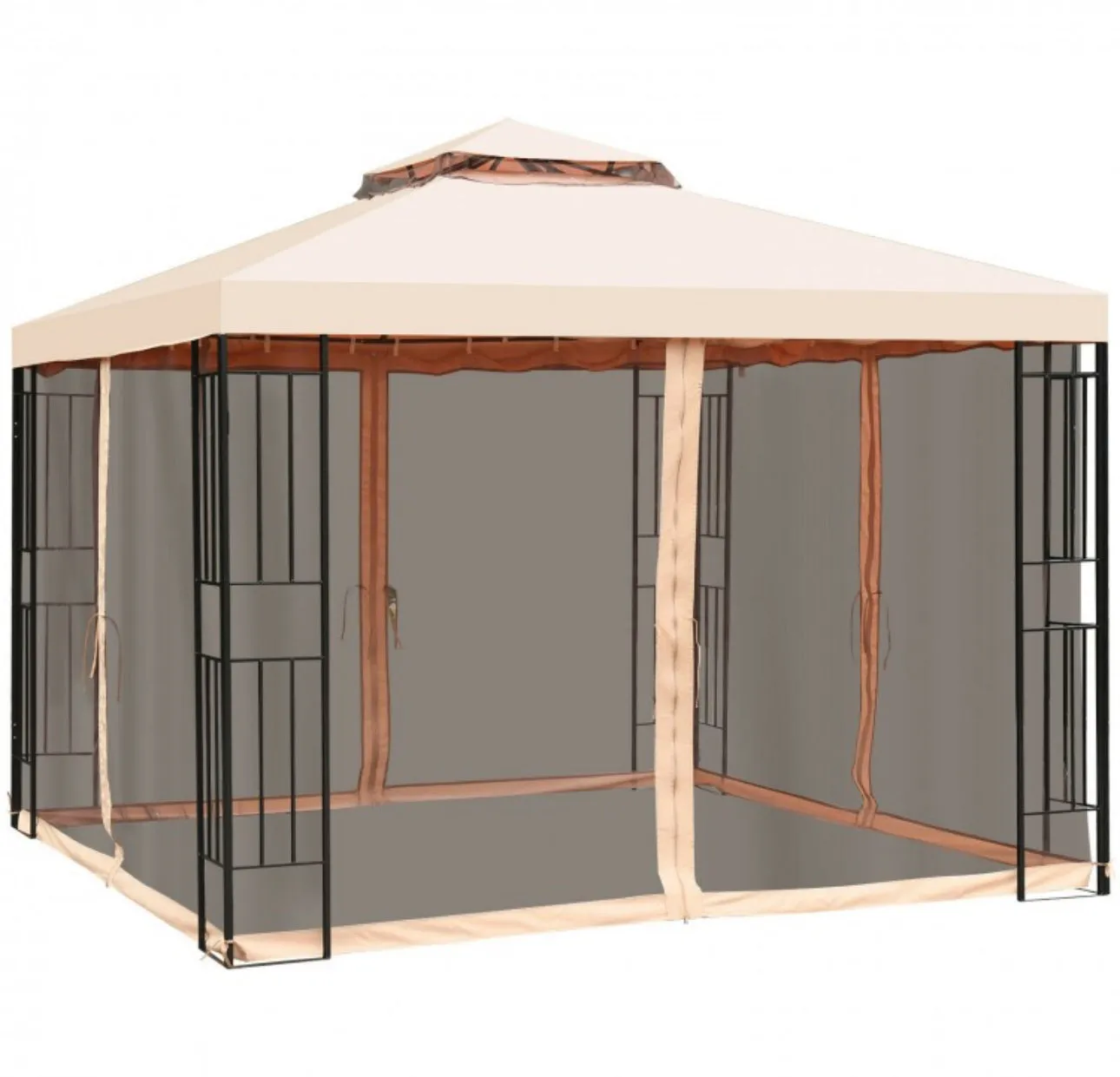 Very Elegant 10x10ft 2-Tier Vented Metal Gazebo Canopy With Mosquito Netting For Patio | Heavy Duty | Dual Roof