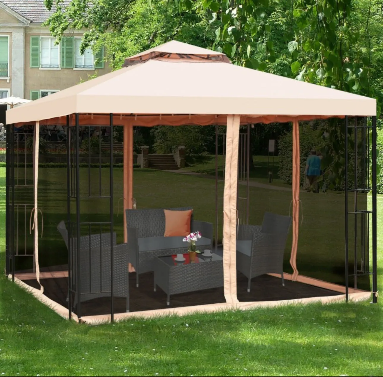 Very Elegant 10x10ft 2-Tier Vented Metal Gazebo Canopy With Mosquito Netting For Patio | Heavy Duty | Dual Roof