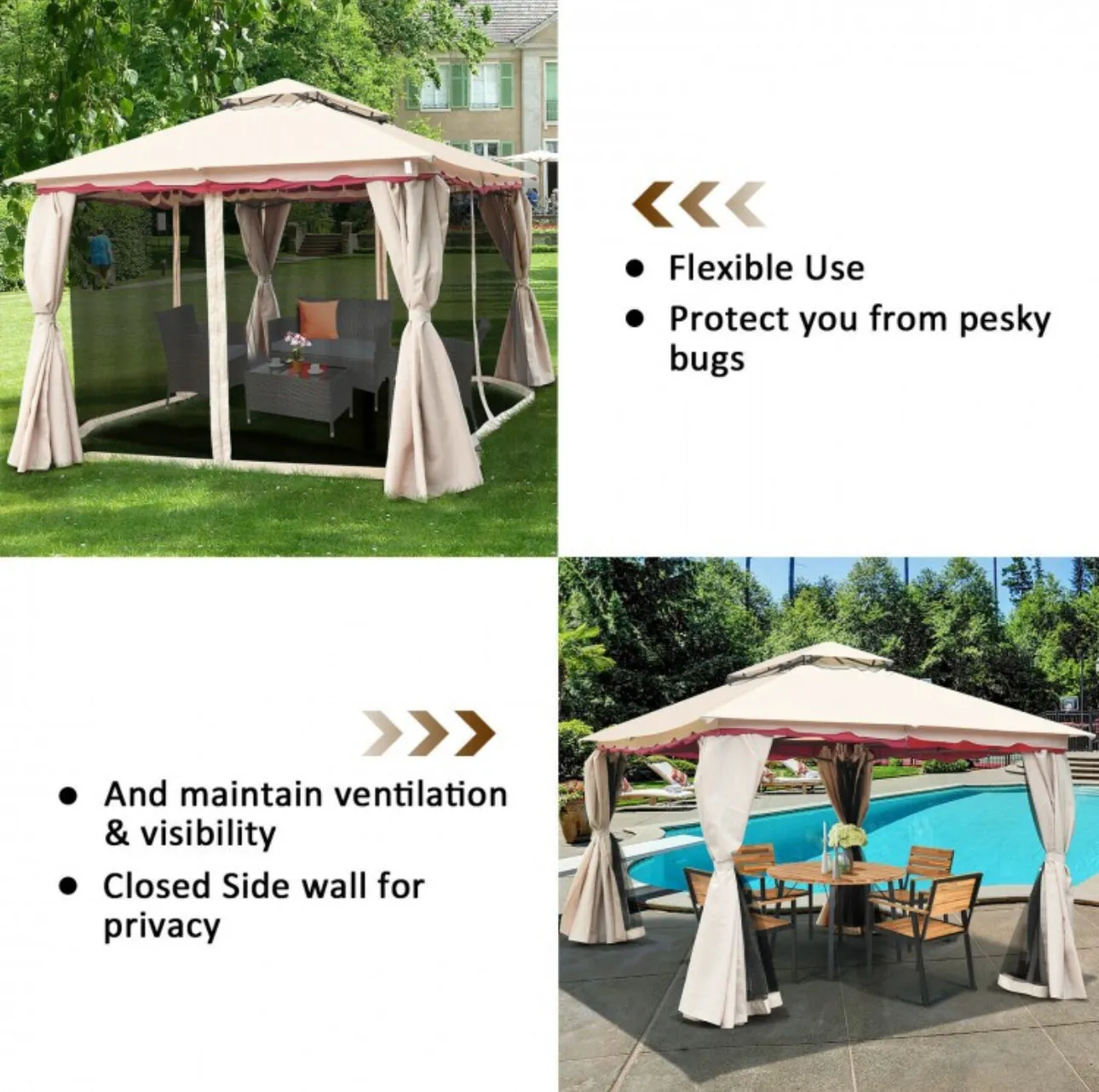 Very Elegant 10x10ft 2-Tier Vented Metal Gazebo Canopy With Mosquito Netting For Patio | Heavy Duty | Dual Roof