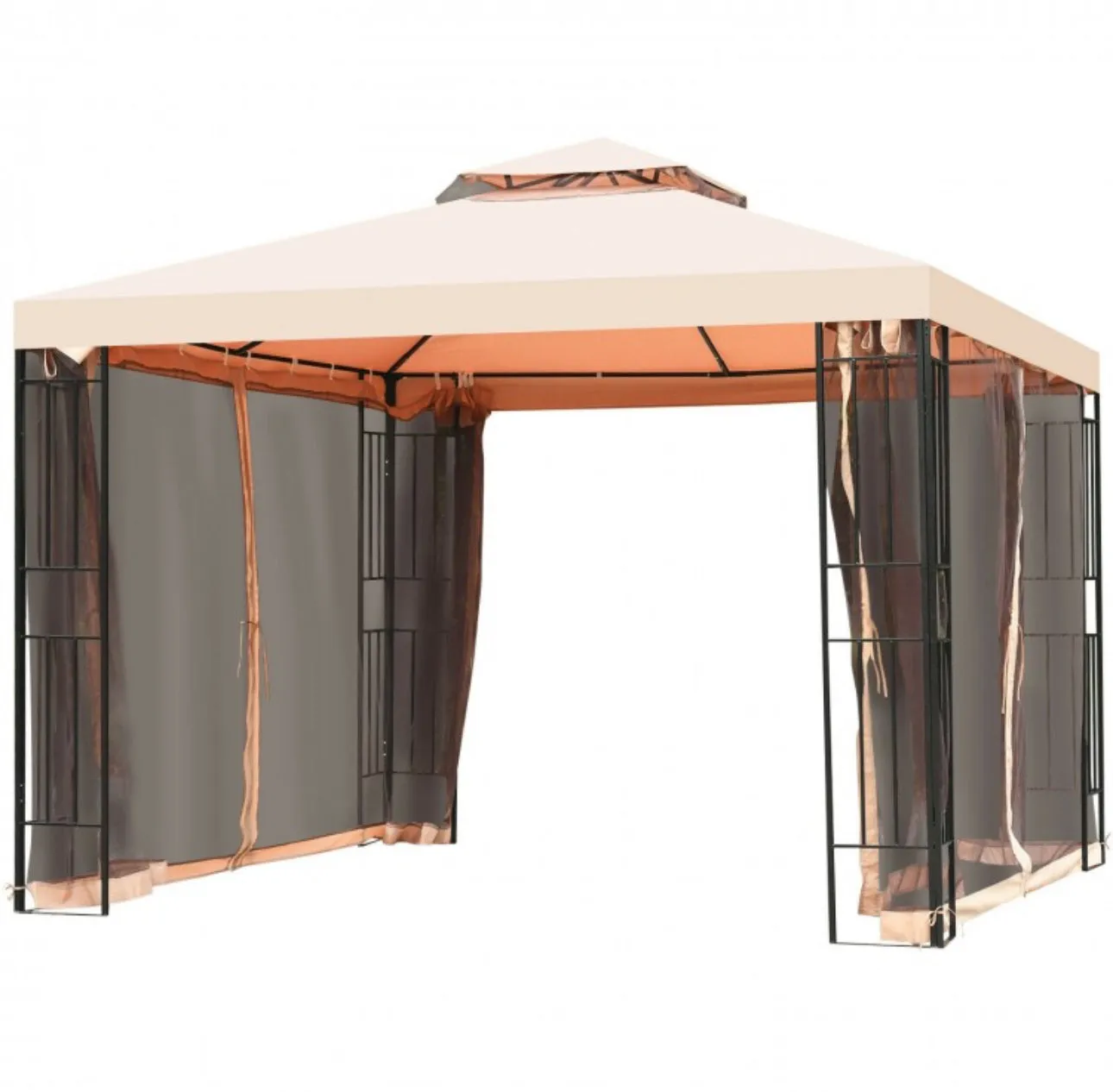 Very Elegant 10x10ft 2-Tier Vented Metal Gazebo Canopy With Mosquito Netting For Patio | Heavy Duty | Dual Roof