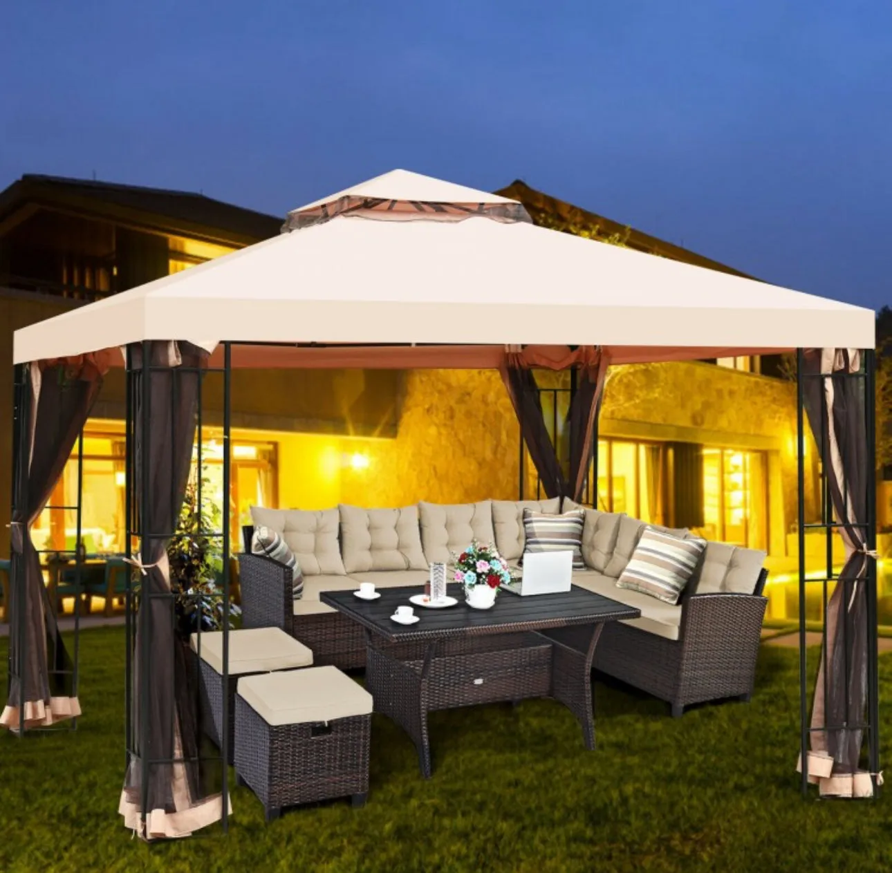 Very Elegant 10x10ft 2-Tier Vented Metal Gazebo Canopy With Mosquito Netting For Patio | Heavy Duty | Dual Roof