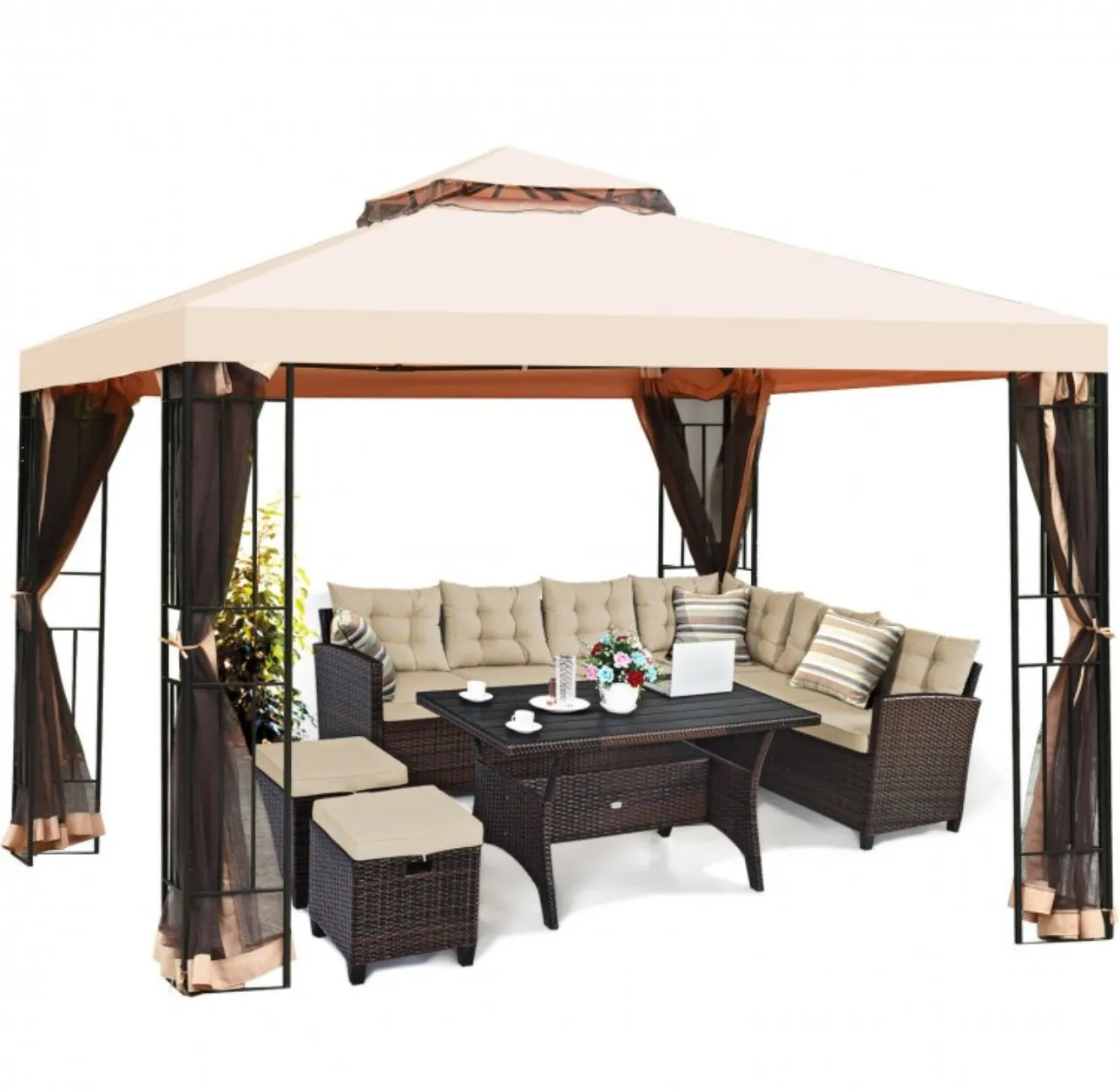 Very Elegant 10x10ft 2-Tier Vented Metal Gazebo Canopy With Mosquito Netting For Patio | Heavy Duty | Dual Roof