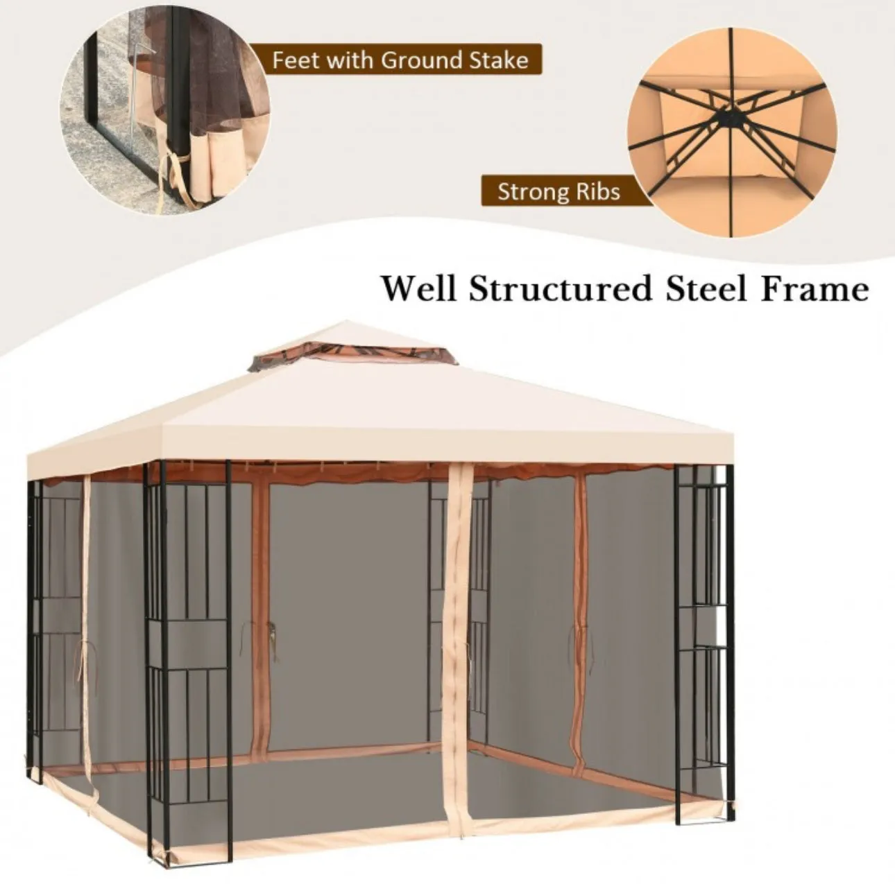 Very Elegant 10x10ft 2-Tier Vented Metal Gazebo Canopy With Mosquito Netting For Patio | Heavy Duty | Dual Roof